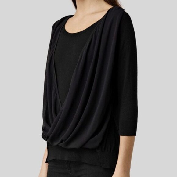 ALL SAINTS ALLSAINTS Taybar Sheer Cowl Knit Top Black Mixed Media 3/4 Sleeve M - Picture 1 of 15